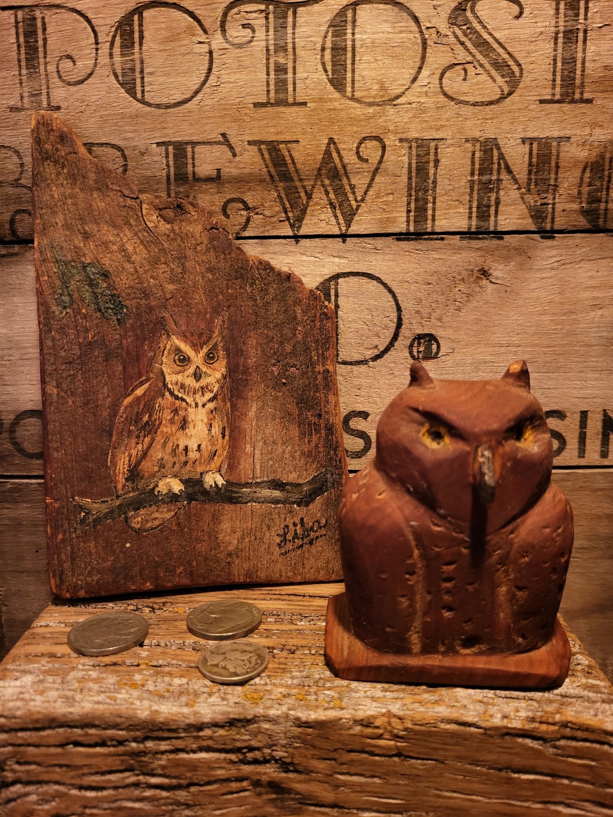 Vintage Original Owl Painting on Wood & Hand carved wood owl Figurine Lot of 2