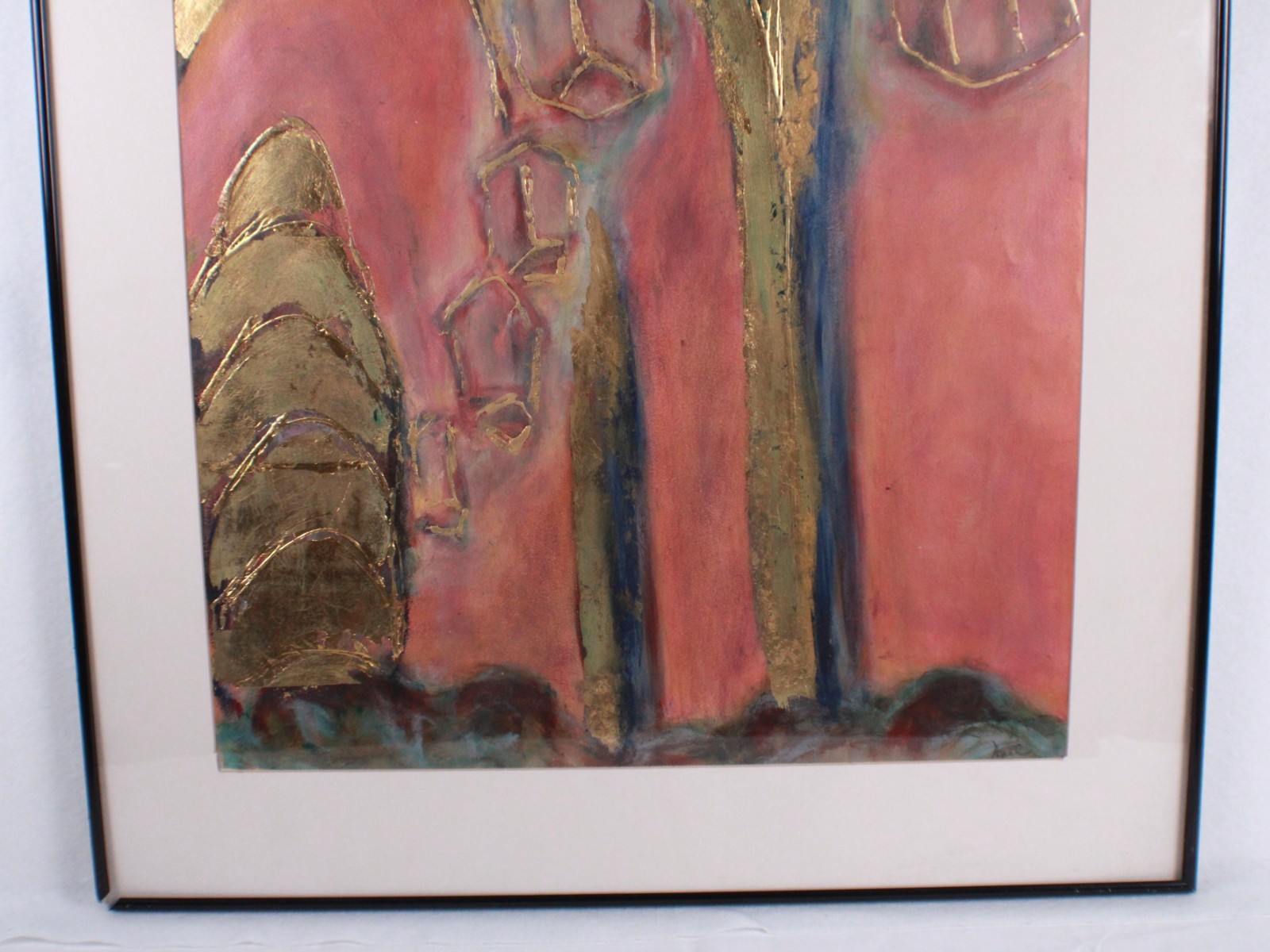 Mid Century Red And Gold Abstract Mixed Media Painting Signed Nail