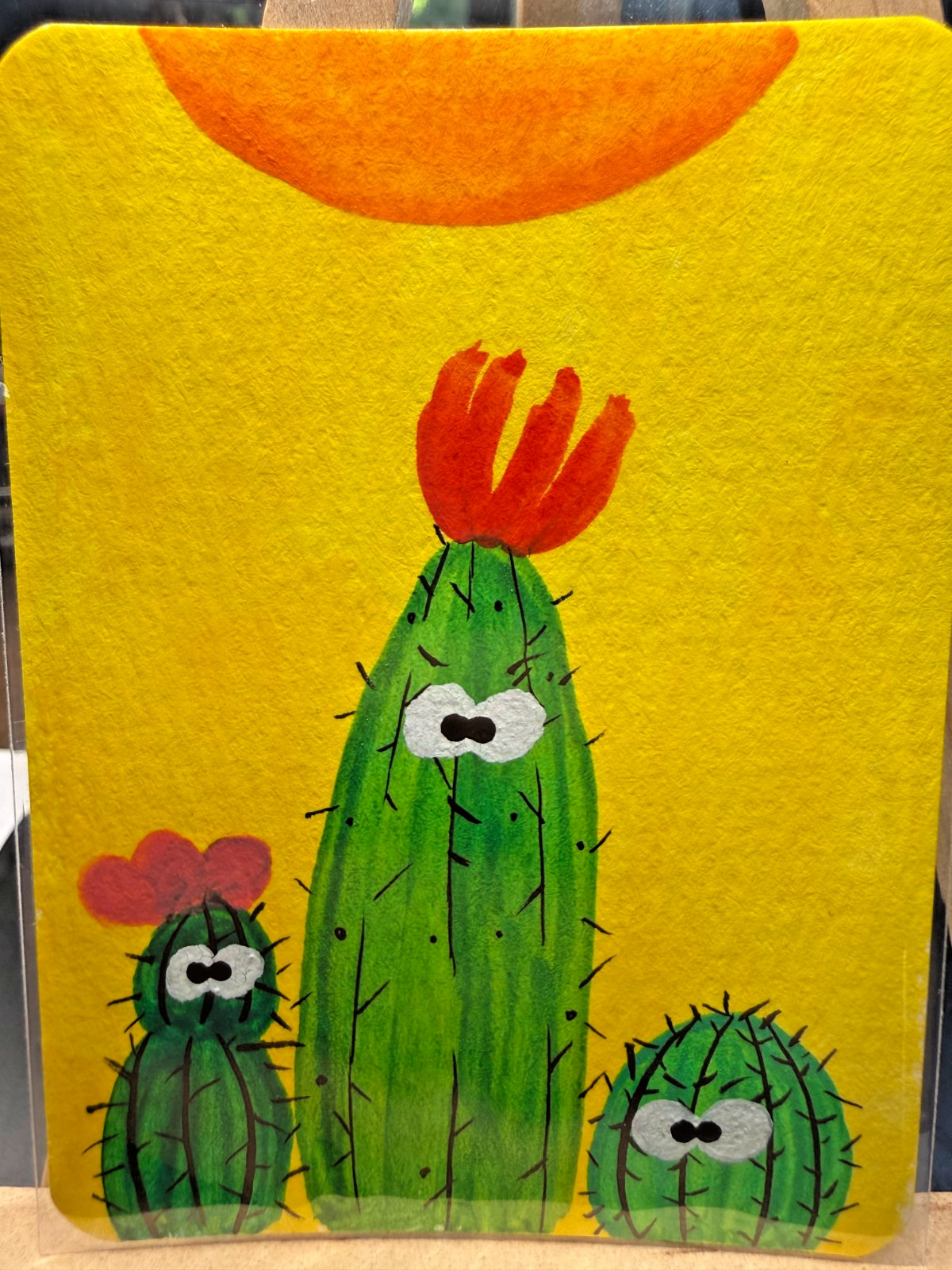 ACEO Original OOAK Signed (Not a Print) “Cacti” Funny Cactus friends with Eyes