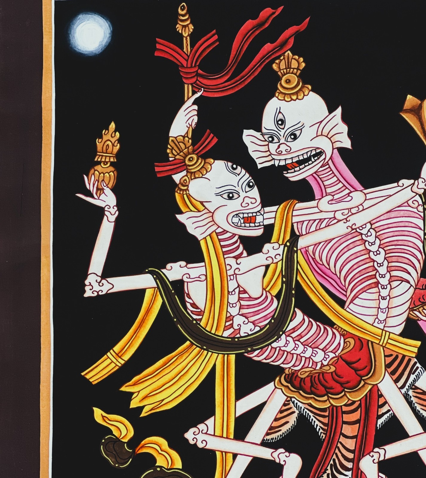 CITIPATI DANCING SKELETONS HAND-PAINTED TIBETAN THANGKA ART WITH SILK BROCADE