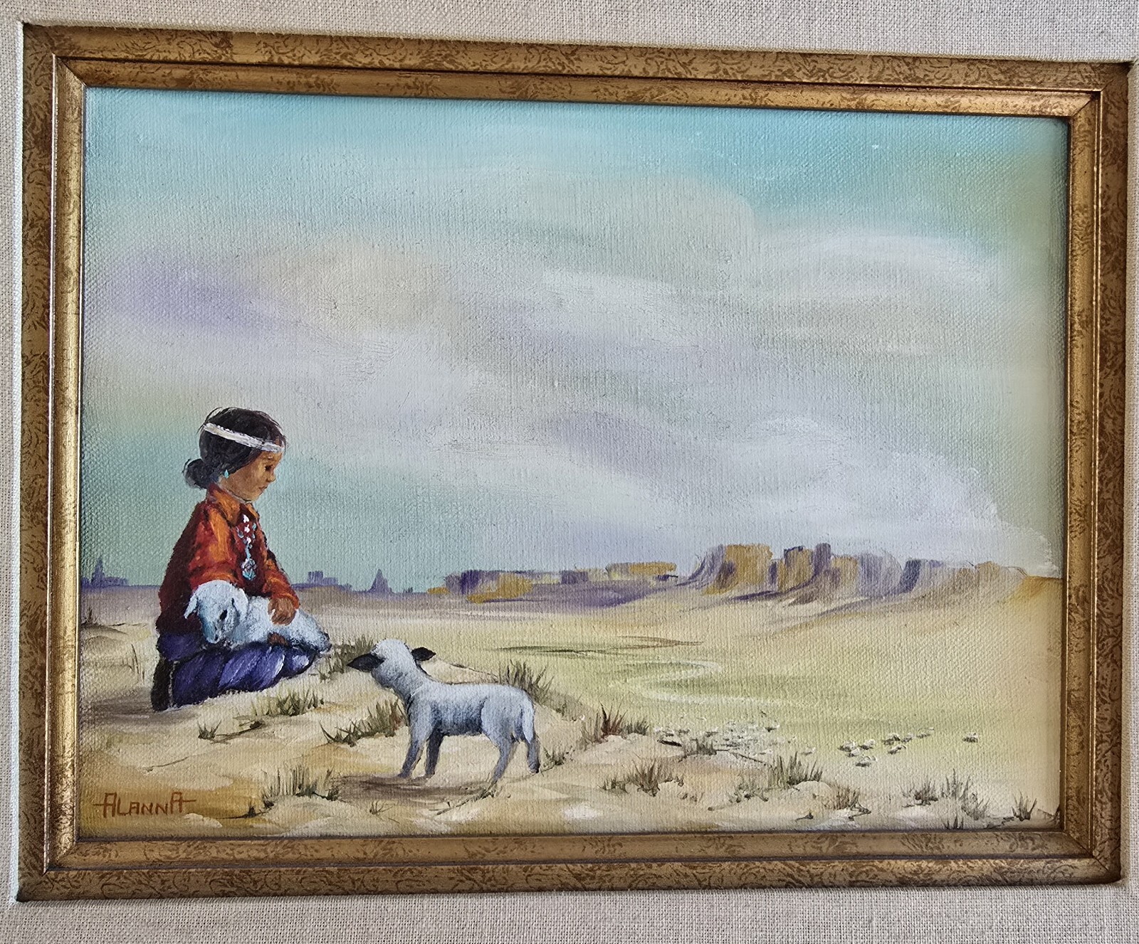 Oil on Canvas SW Landscape w/Native American Child & Lamb Signed AlannA 21 x 18