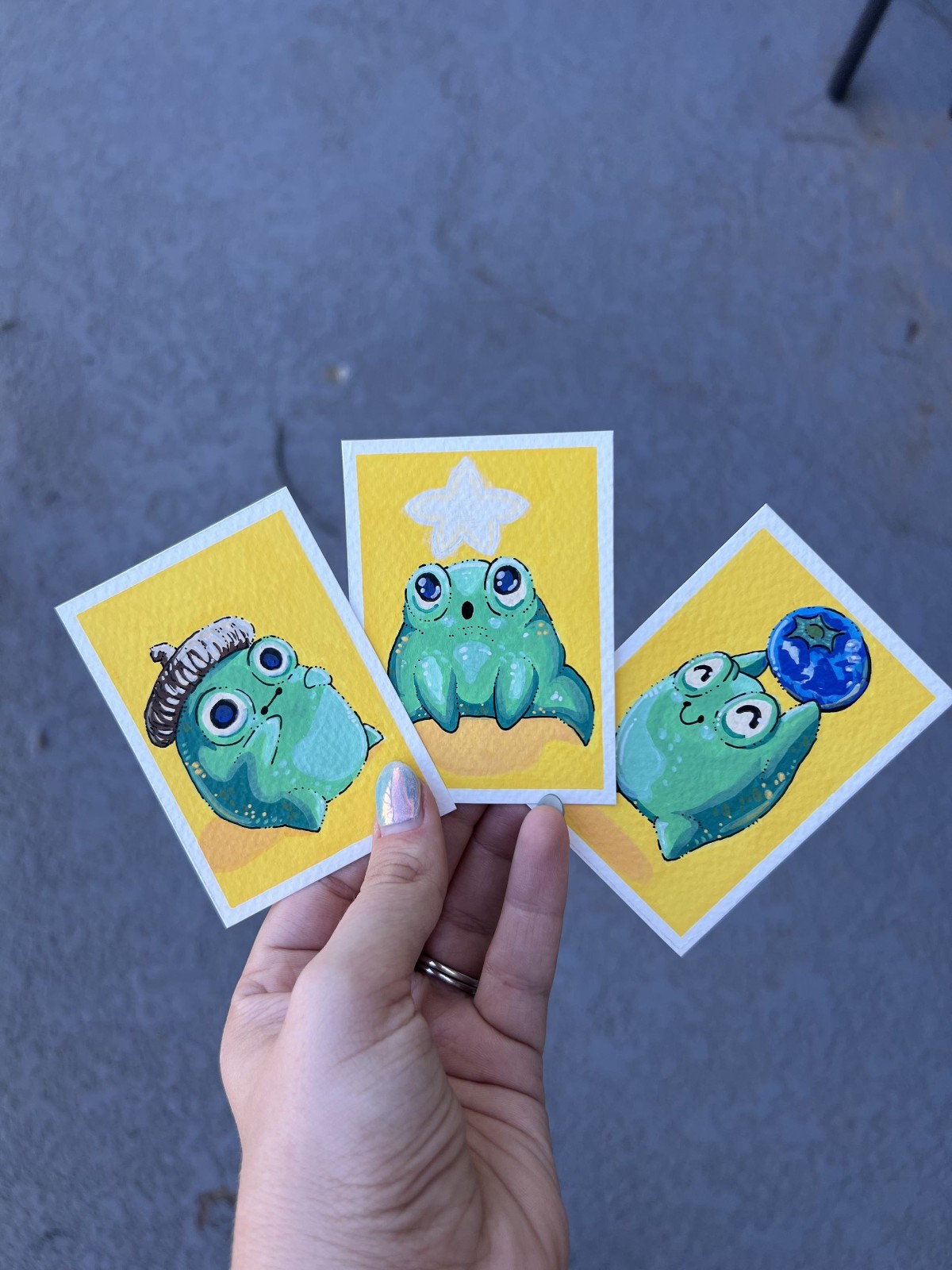 ACEO Original Paintings (Set of 3) – Cute Kawai Frog Series Acorn Blueberry Star