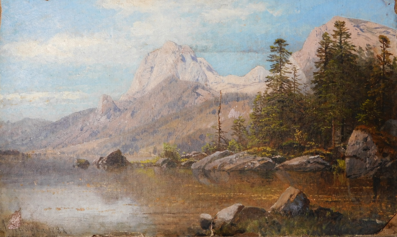 Original landscape painting oil on paper Adalbert Waagen signed 1882 mountains