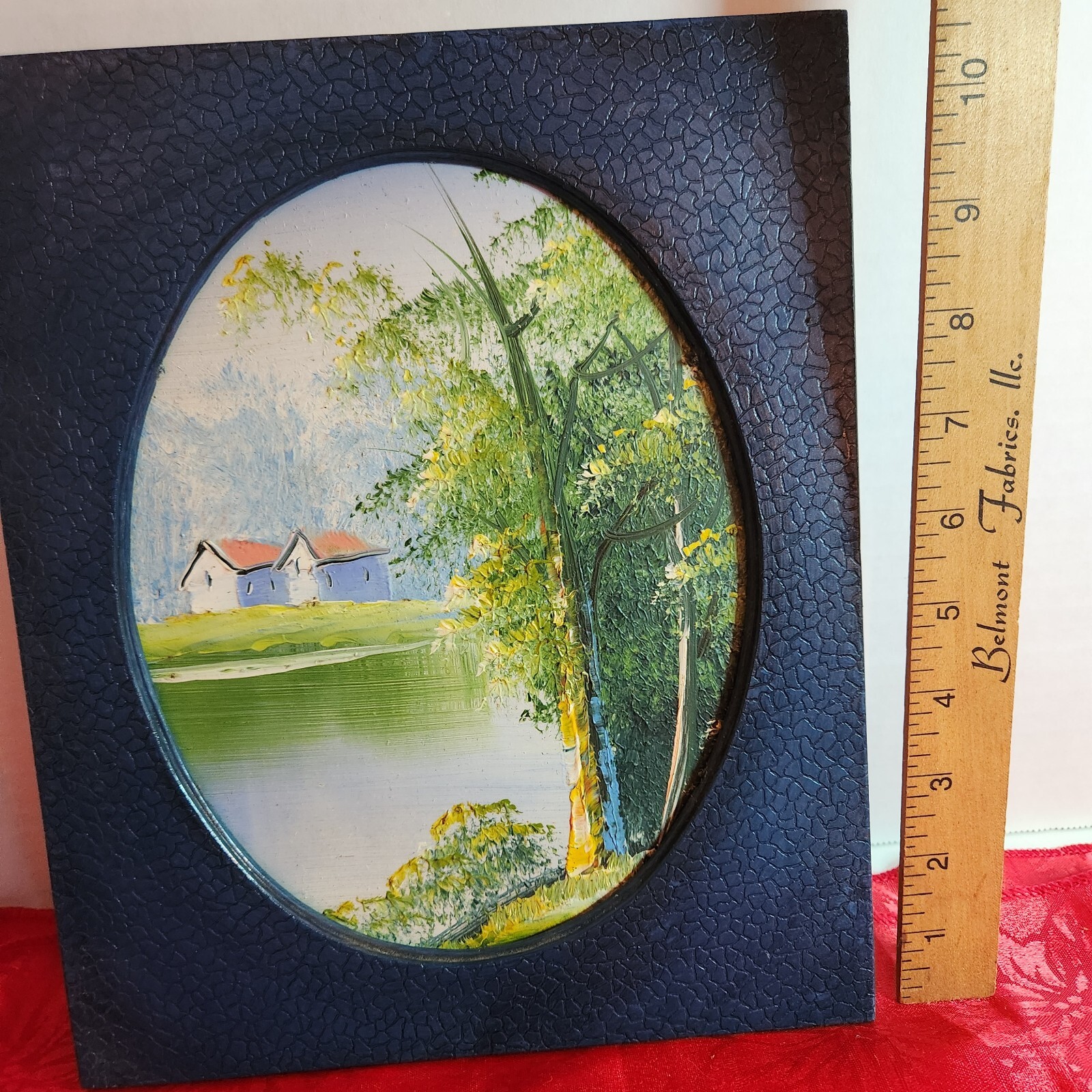 painting – landscape house trees water 9×11 blue plastic frame, blues and greens