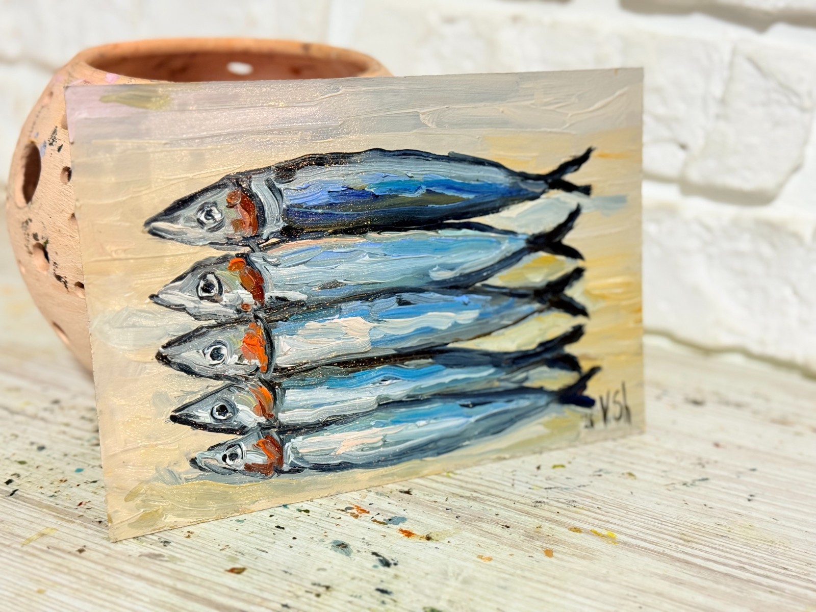 Sardine Original Oil Painting Fish Seafood Art Sardine Still life Kitchen Signed