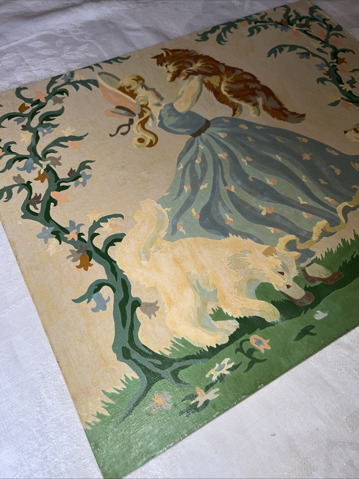 VTG 1950s Paint By Number Little Girl & Kittens Storybook Coquette Art 16×20