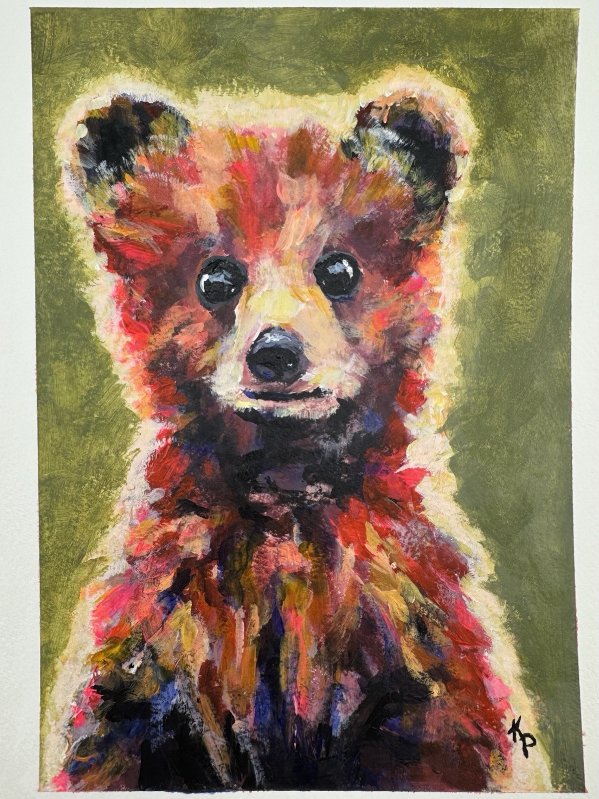 Original Acrylic Painting – Watercolor Paper 9×12 Cute Whimsical Bear Cub Fun