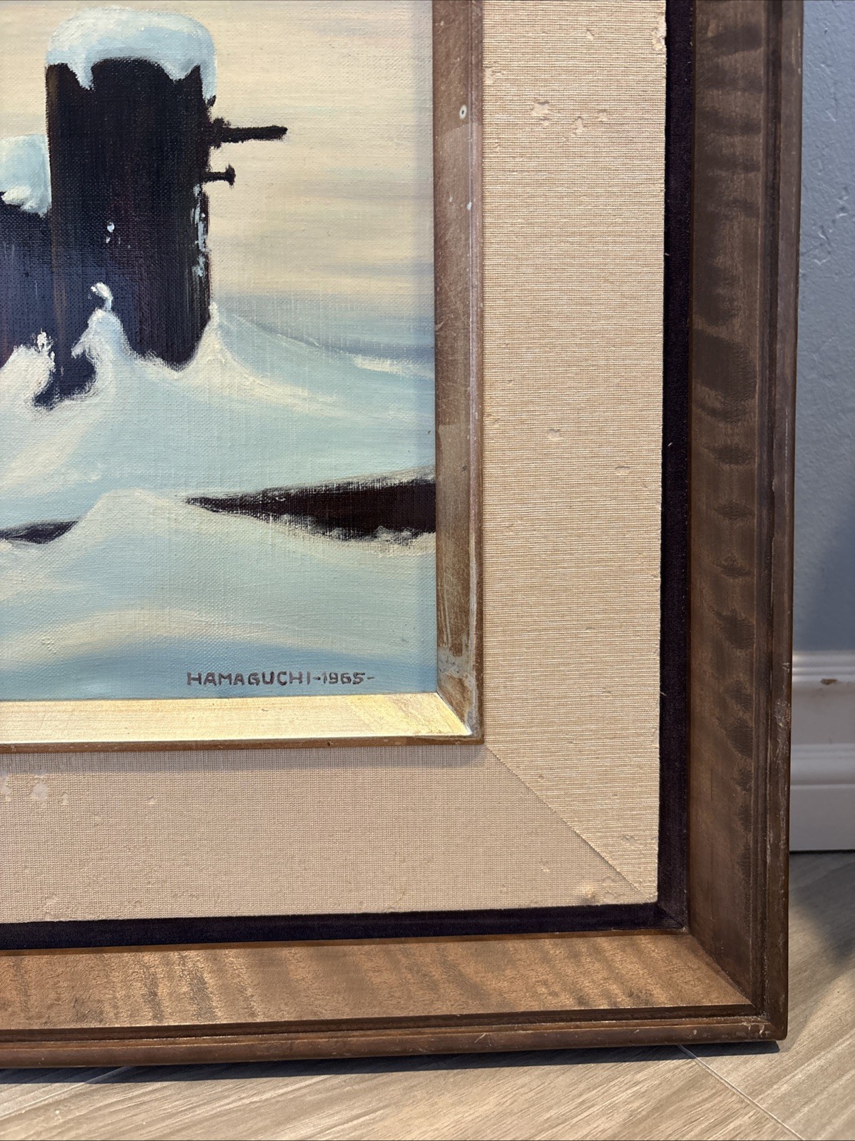 Hamaguchi 1965 Original Oil Winter Harbor Seascape Signed Funaoka Canvas Japan