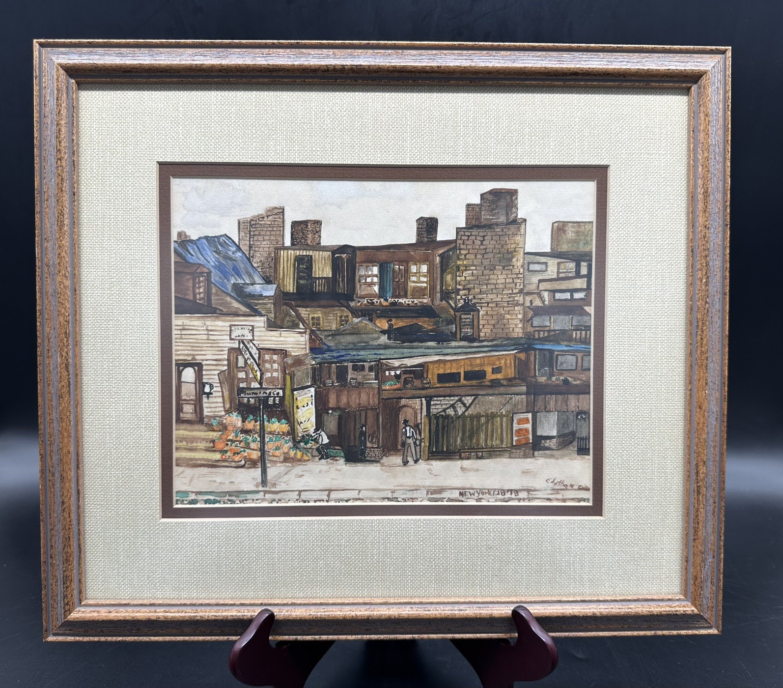Vintage “New York 1878” Watercolor Signed Cityscape Painting Framed Folk Art