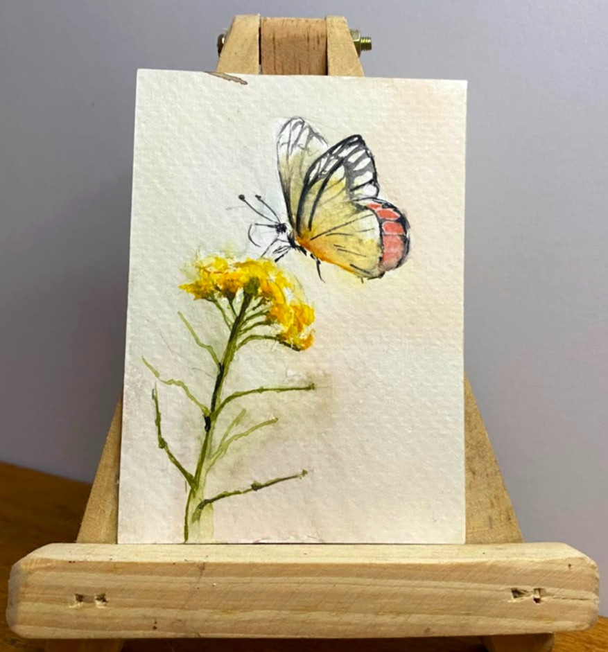 ACEO Original Watercolor Painting Yellow Butterfly Floral Garden Miniature OOAK
