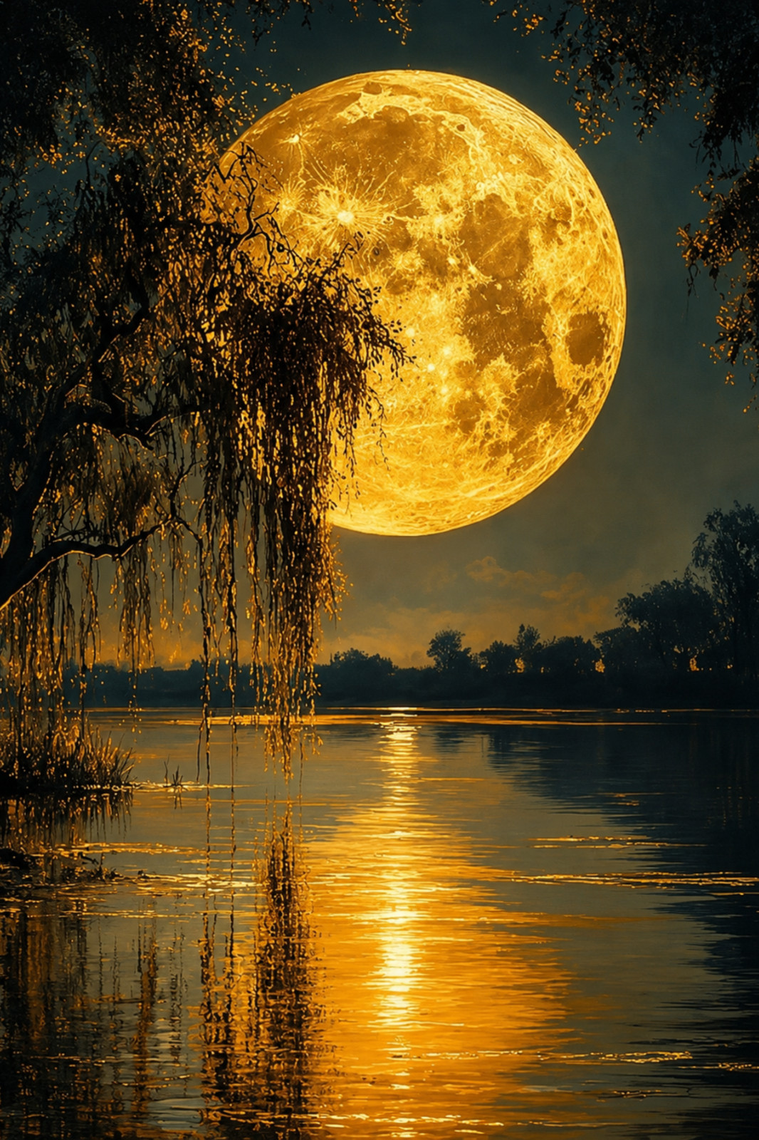 Original Hand Painted Moon Lake Landscape Canvas Wall Art Large Decor