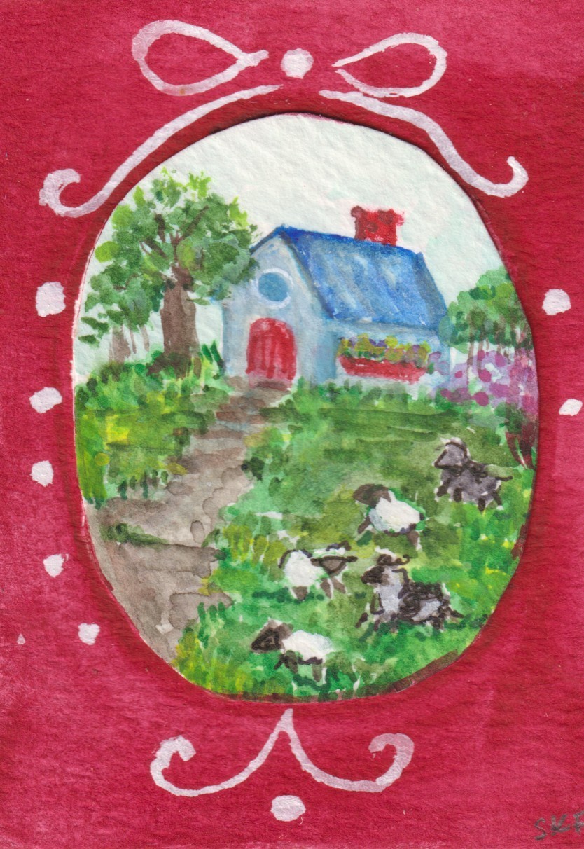 ACEO Original Colorful Sheep grazing in front of house, multi-media collage