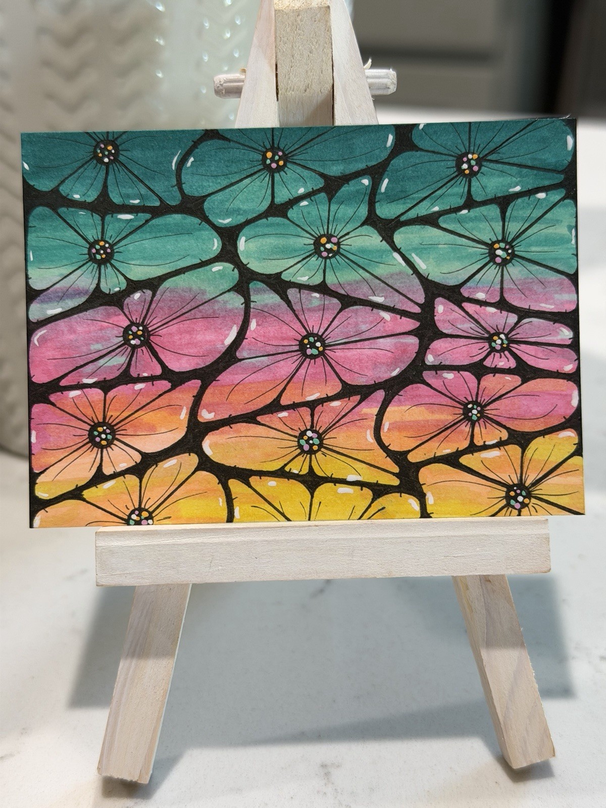 ACEO Original Abstract Floral Whimsical Garden “Sunset Petals” shaped.by.sykes