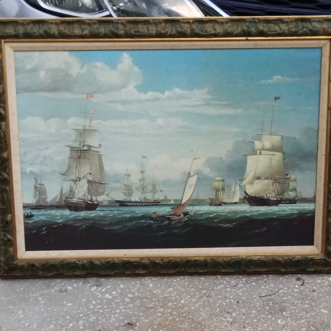 Framed Nautical Realism Seascape Painting w/ Sailing Ships on Ocean oil painting