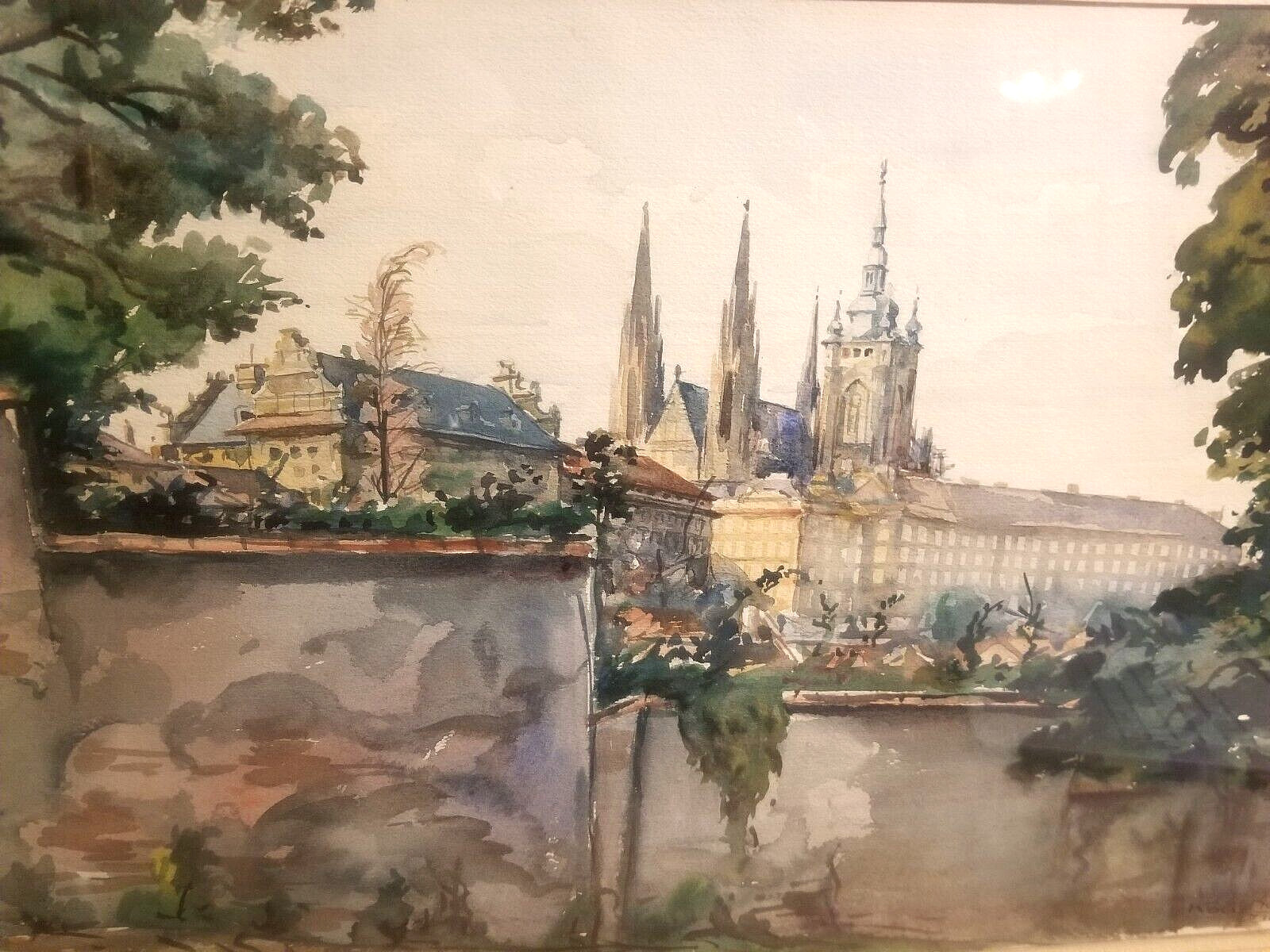 BEAUTIFUL 1937 WATERCOLOR PAINTING St VITUS CATHEDRAL CZECH REPUBLIC SIGNED KOCI