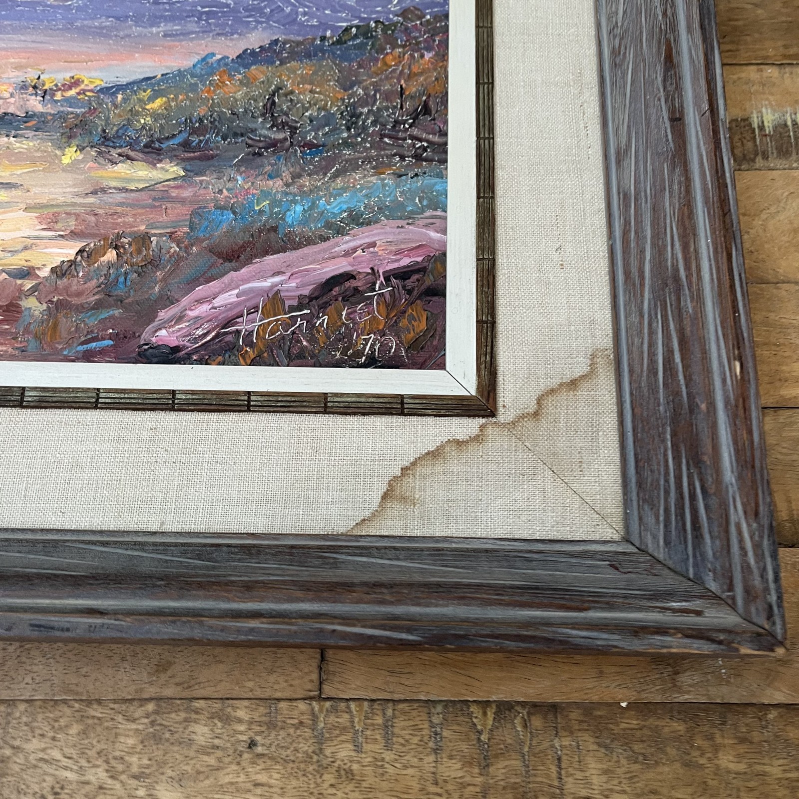 Framed Oil Painting Landscape Sunset over Mountains Signed Harriet 1970