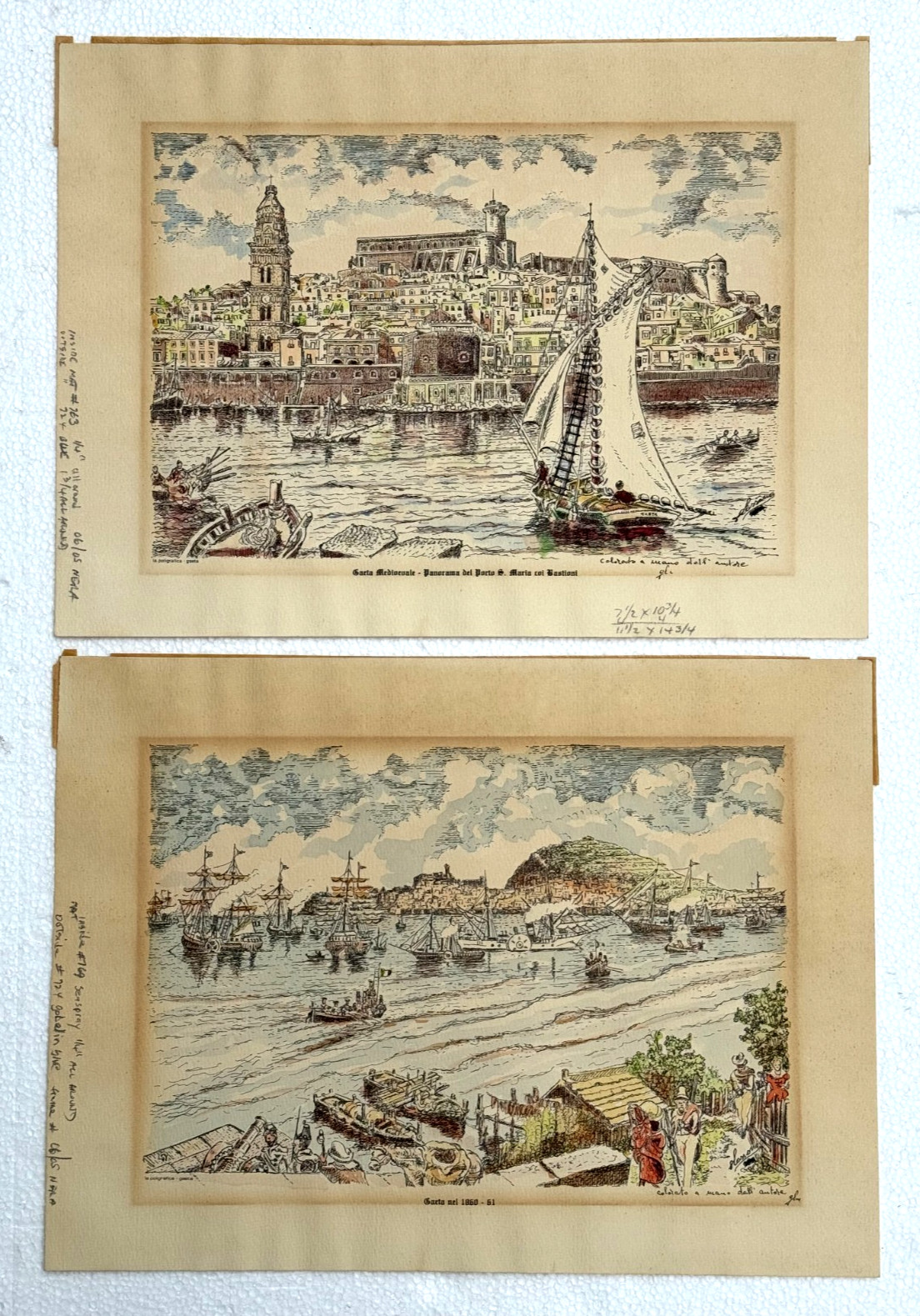 2 ANTIQUE WATERCOLOR AQUATINT MARIA BASTIONI 19TH C. EUROPEAN PORT SEASCAPE 1881