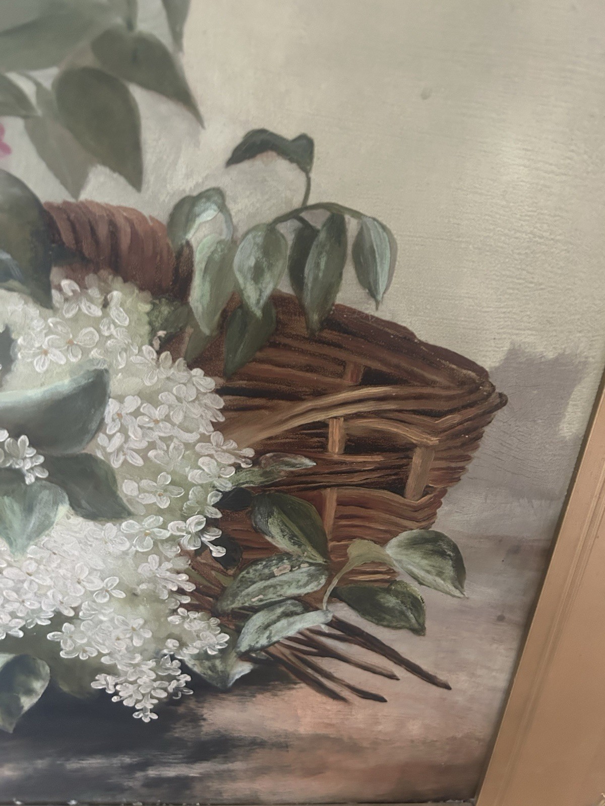 Large Antique Oil Painting of Pink and White Lilacs 1890s Framed
