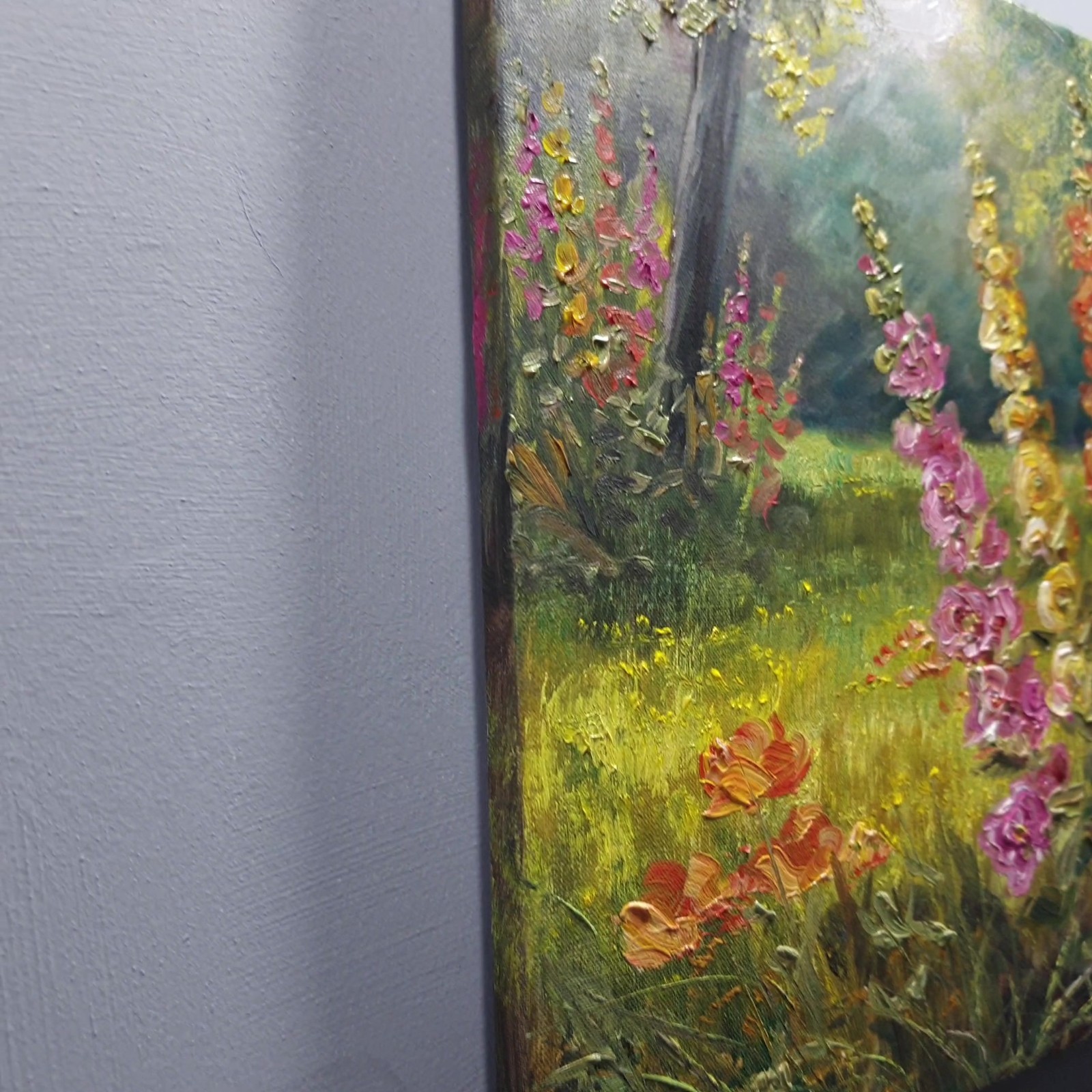 Colorful Hollyhocks Oil Painting Original Garden Flowers Wall Art Canvas 10×10