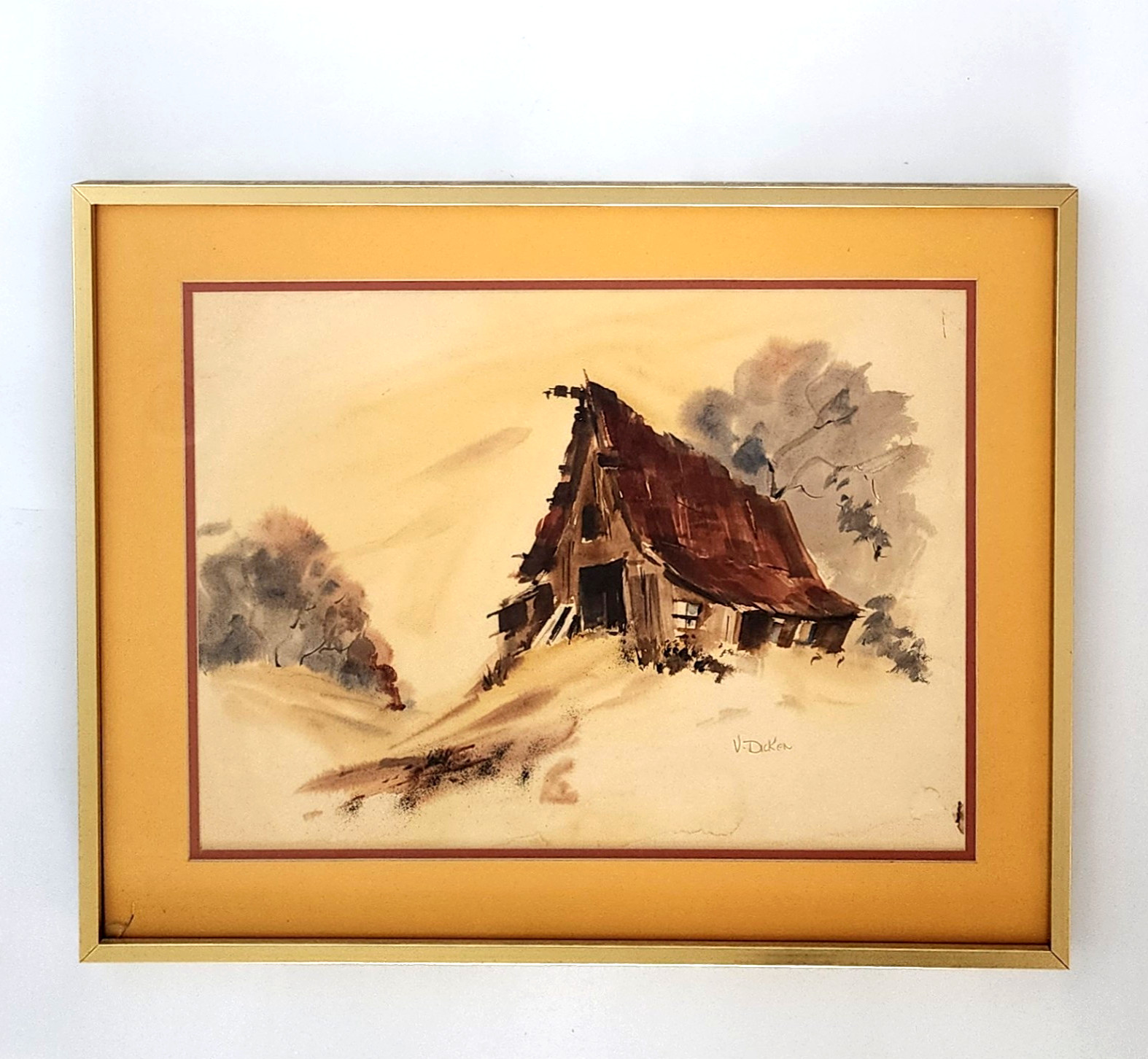 Vintage Original Barn Watercolor Painting Virginia Dicken Signed Impressionist