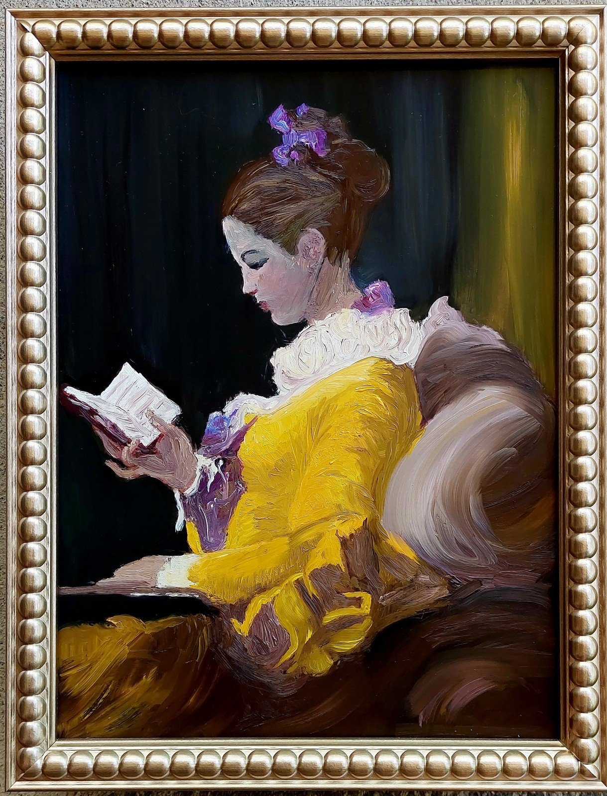 Oil original painting on board size 13×10 inches “A Young Girl Reading” FRAMED