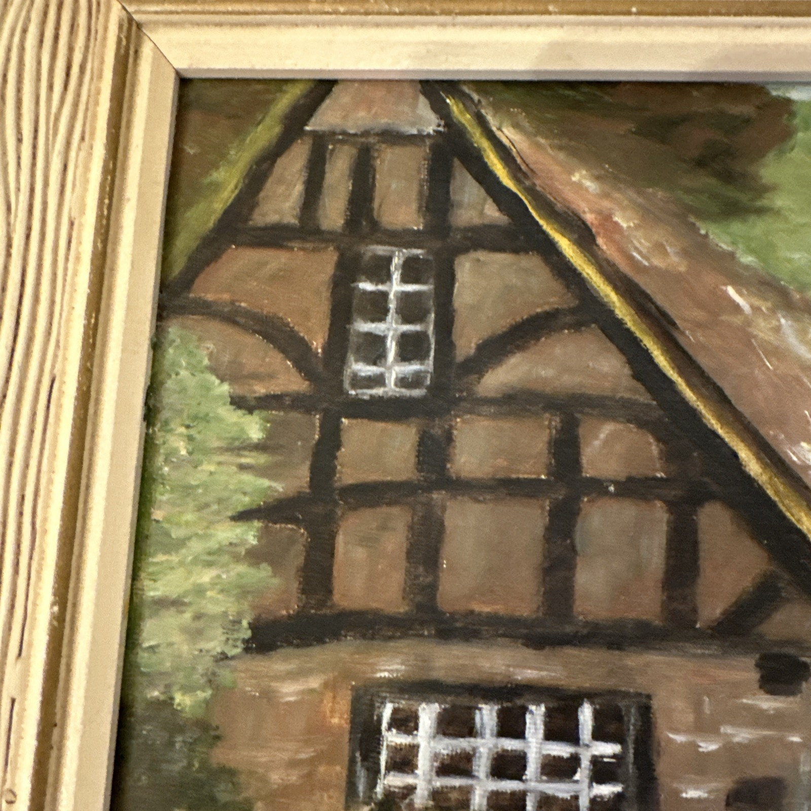 Vintage Oil Painting Landscape Cottage On Board Signed By Artist