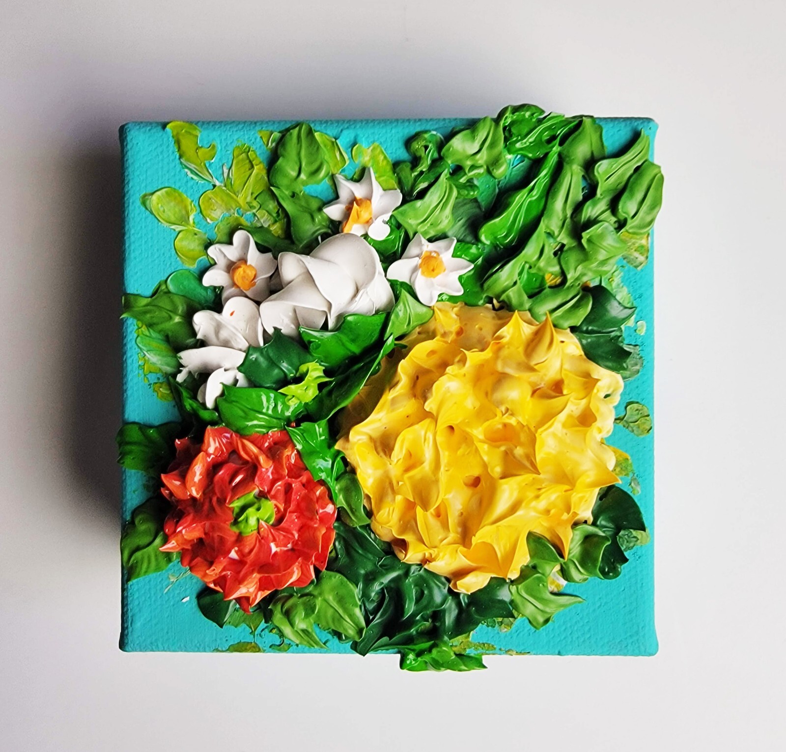 Art Handmade sculpture Painting On Canvas Texture Flowers Colorful 3D 4×4 inch