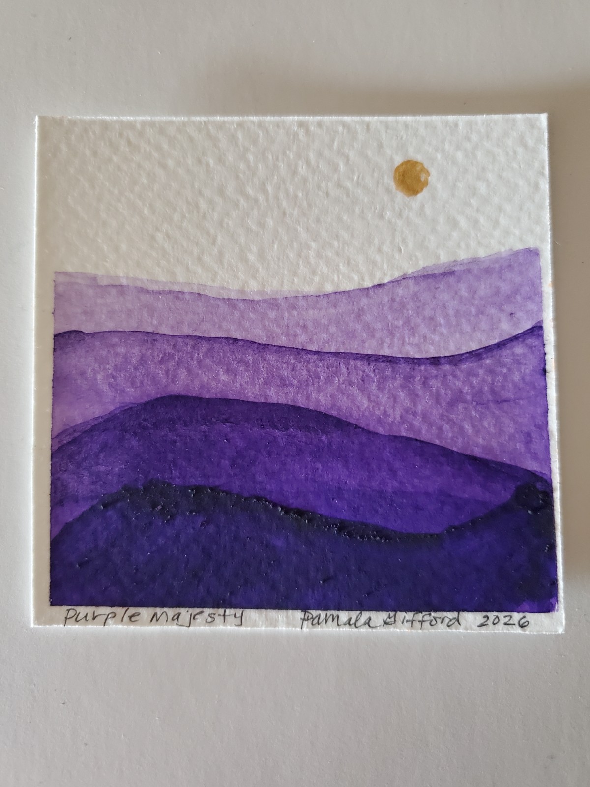 ORIG ABSTRACT TINY ART PAINTING MOON MOUNTAINS WATERCOLOR ON PAPER 3 X 3 ooak