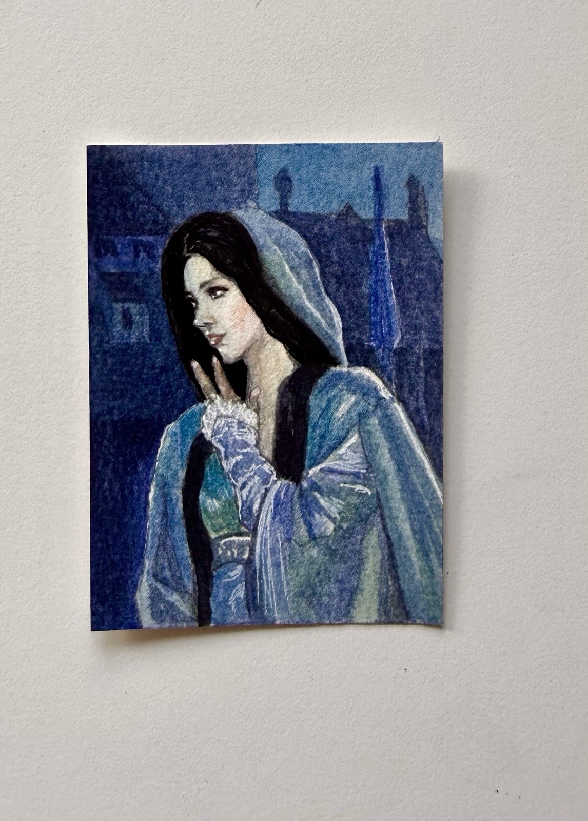 Original Watercolor ACEO Blue Veiled Woman Portrait Miniature 2.5×3.5”