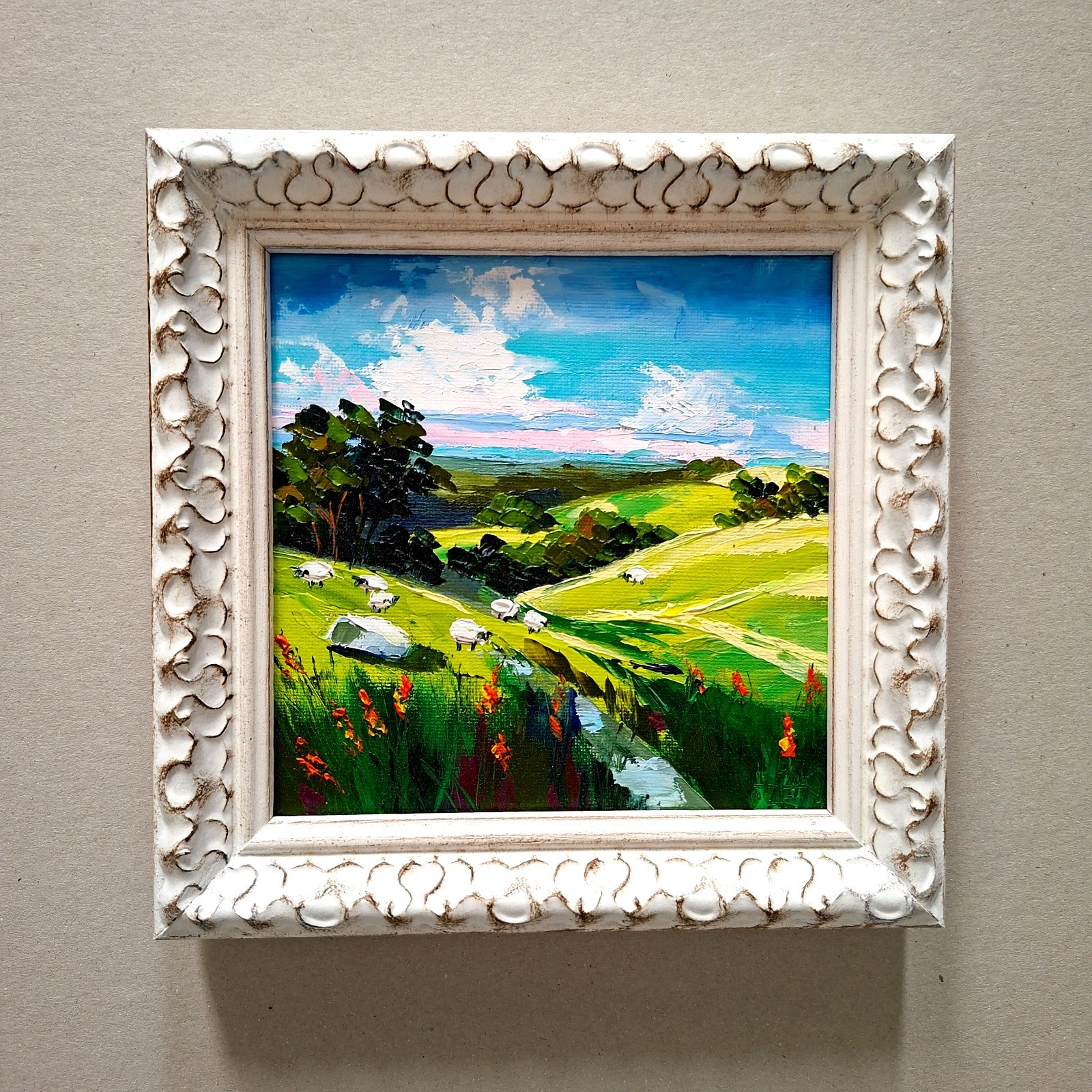 Green Hills of Ireland with Sheep Original Oil Painting Unframed 6×6