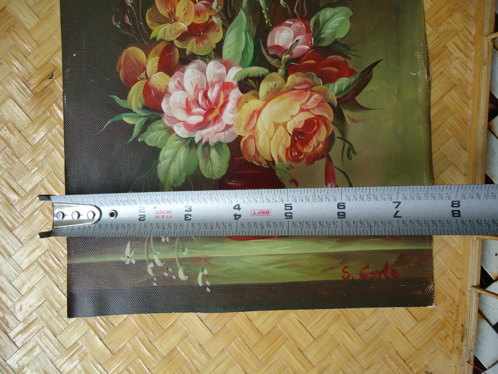 Still Life Painting on Canvas Flower Arrangement in Vase Floral Moody Burgundy