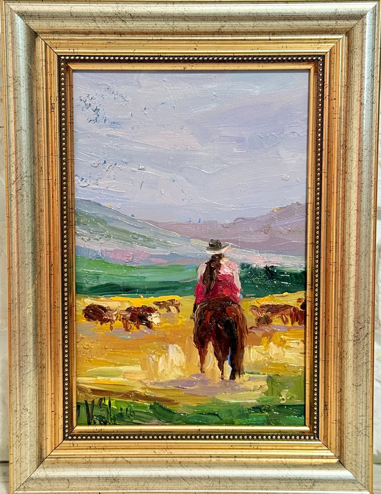 Landscape Cowboy Original Oil Painting Impasto Abstract Western Framed Art