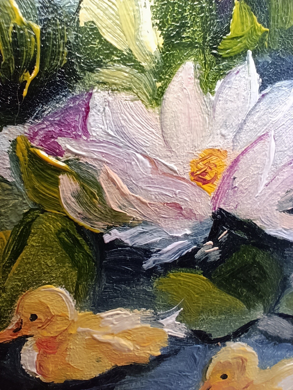 Cute Yellow Ducks Small Textured Painting Original Pond Lily Bathroom Decor