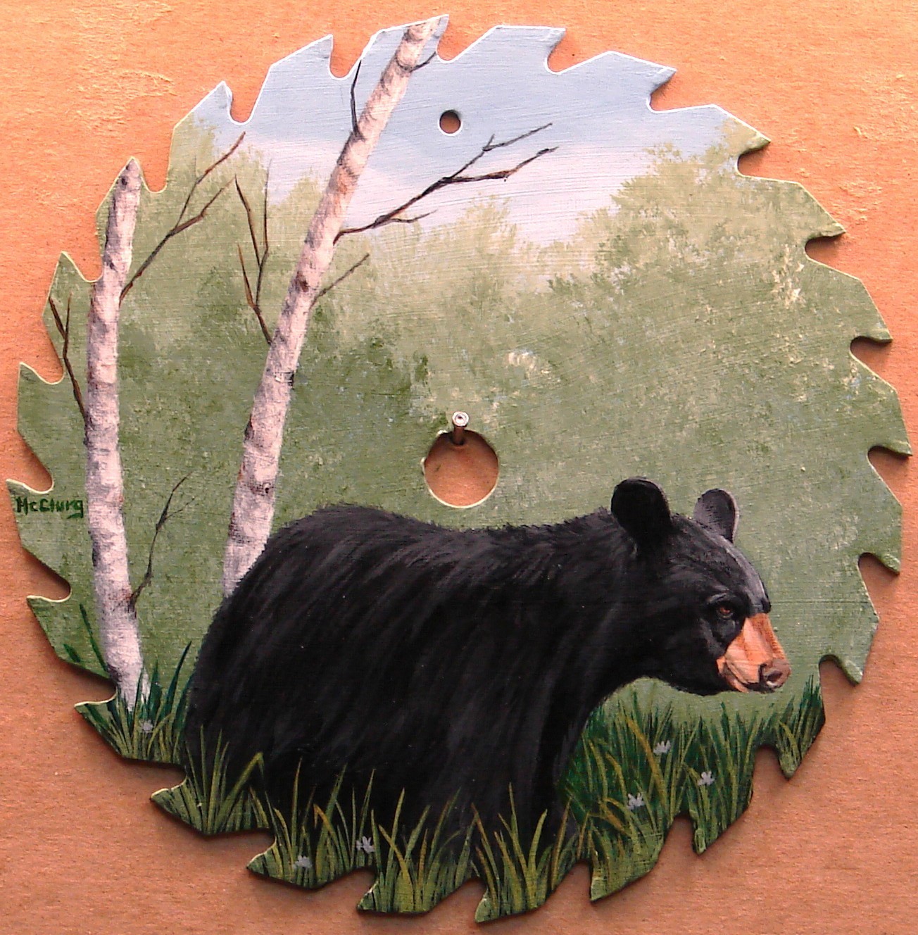 Original Hand Painted Saw Blade Black Bear in Forest 7.25 inches Acrylic