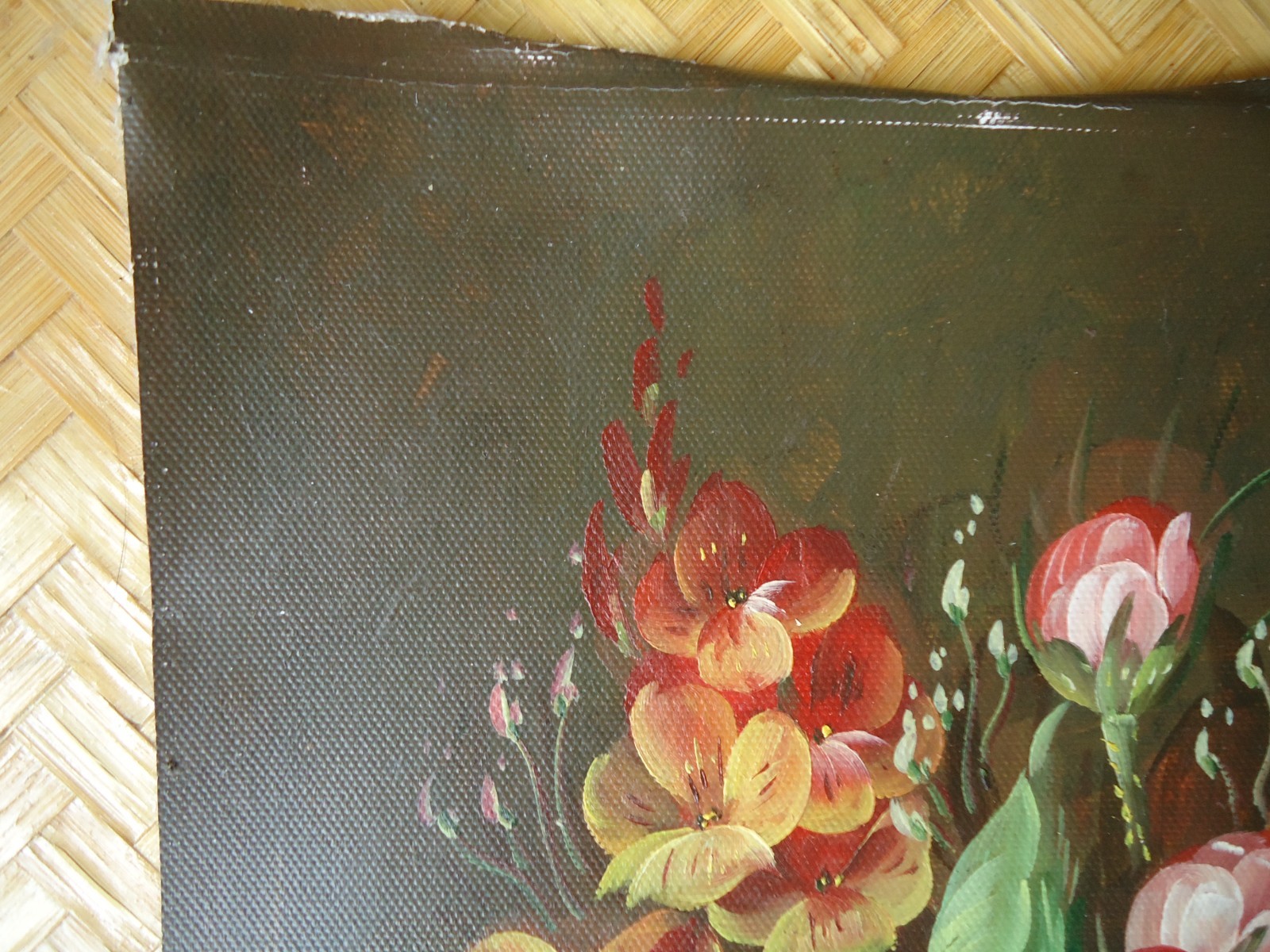 Still Life Painting on Canvas Flower Arrangement in Vase Floral Moody Burgundy