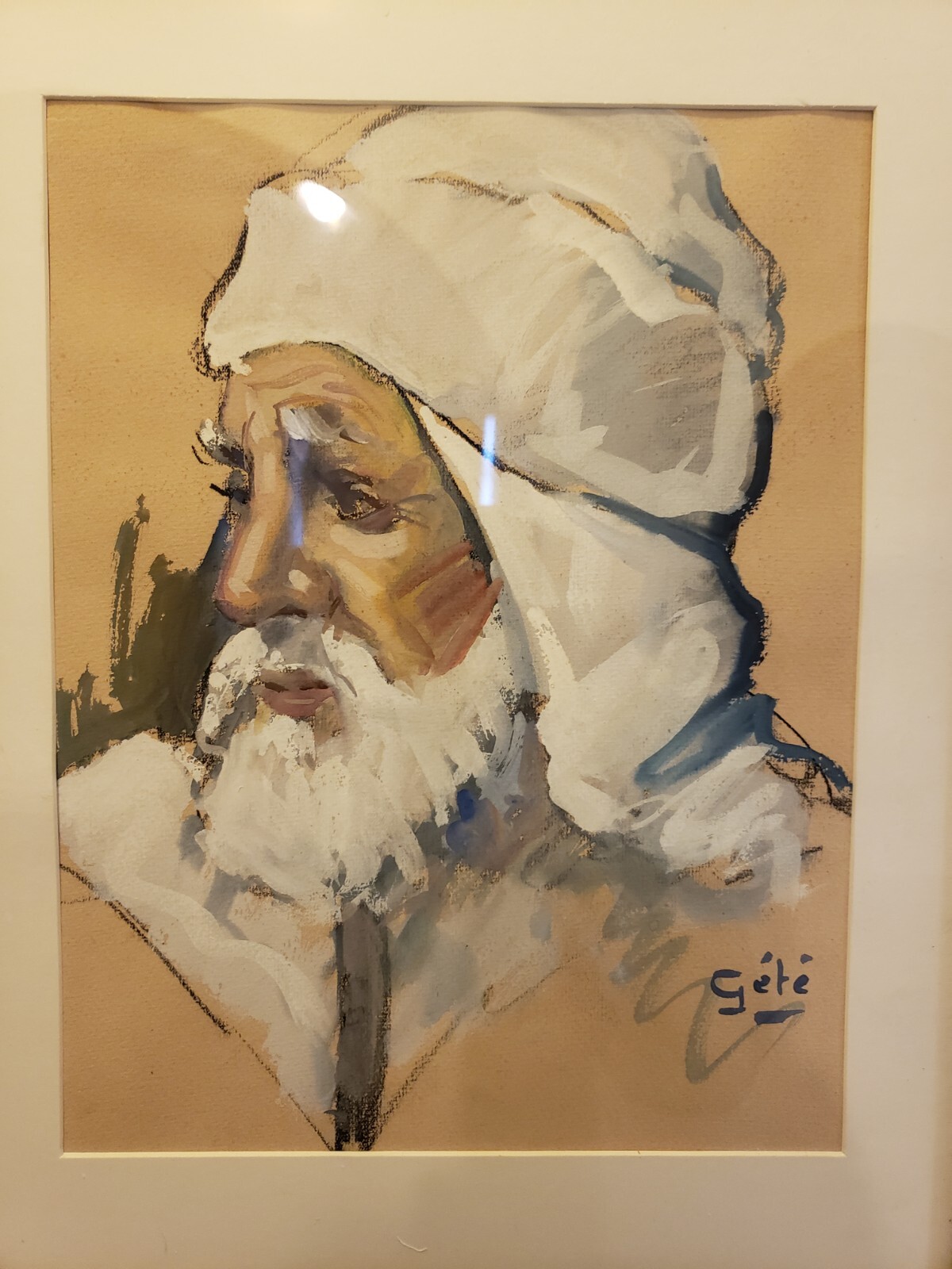 Vintage Pastel On Paper Portrait Painti Elderly Man W/ Head Scurf Signed G’et’e