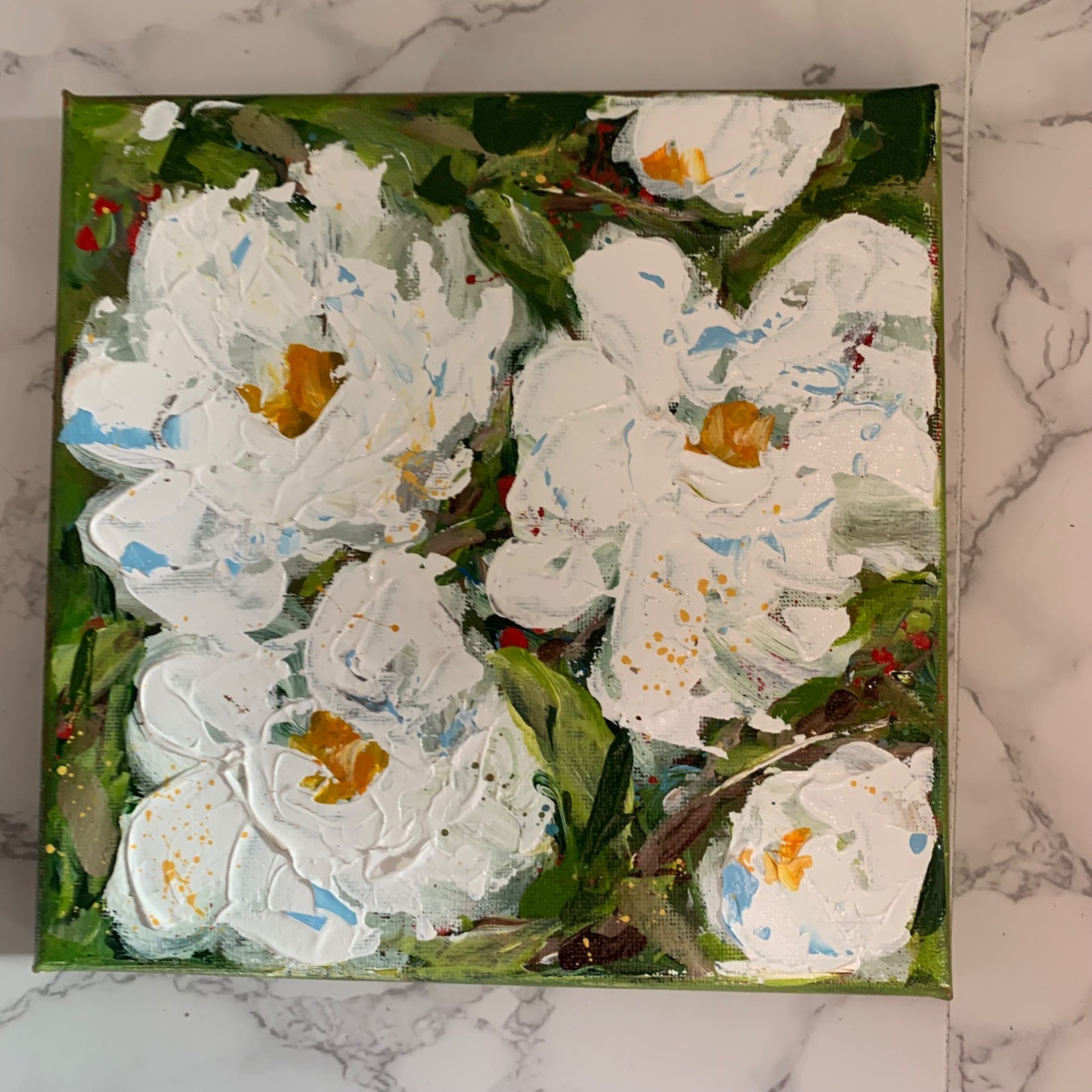Hand-Painted Floral Painting White Blossoms Louisiana Artist Wall Art 8″ x 8″