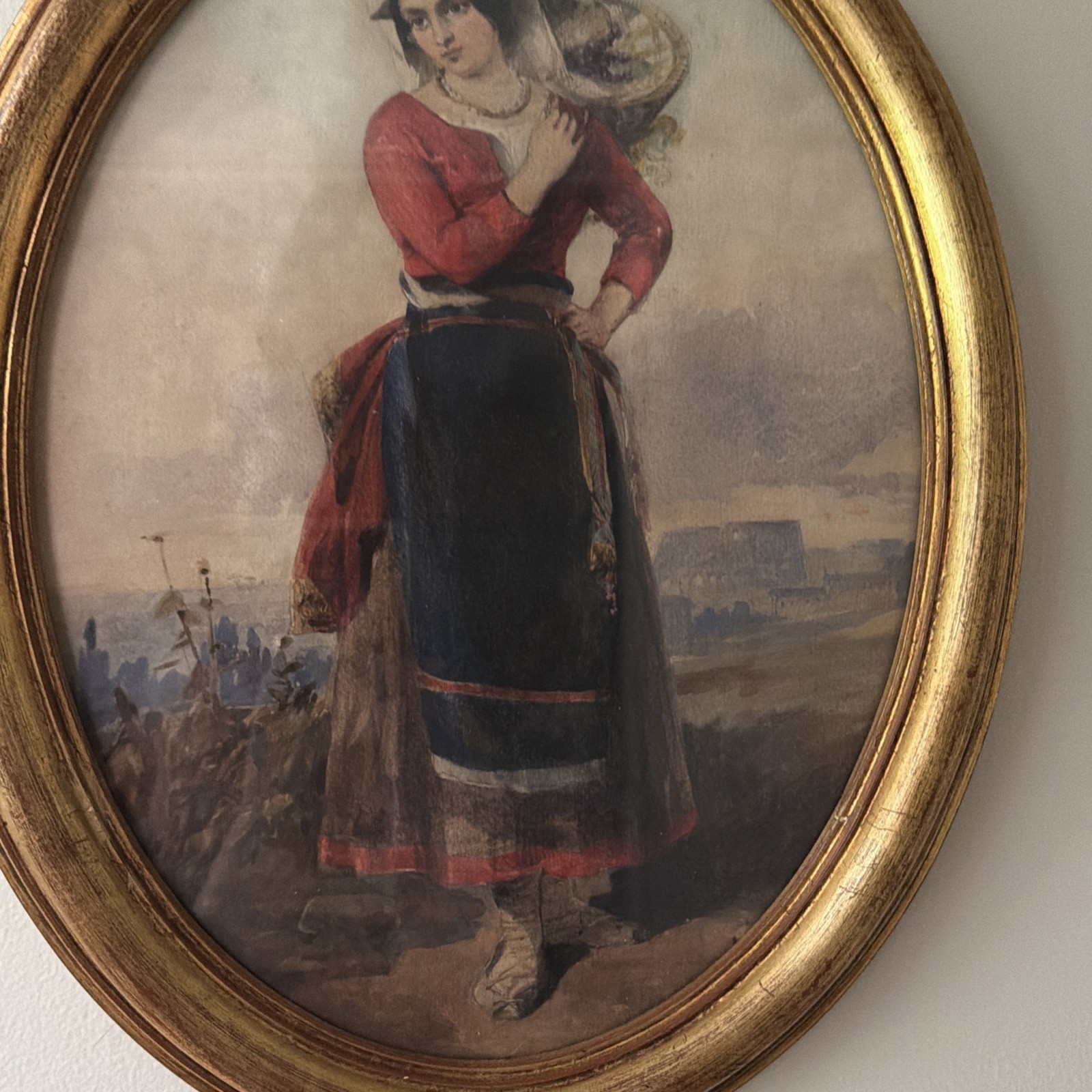 Antique Painting A Girl In A Vineyard Watercolor 1890. Italian.