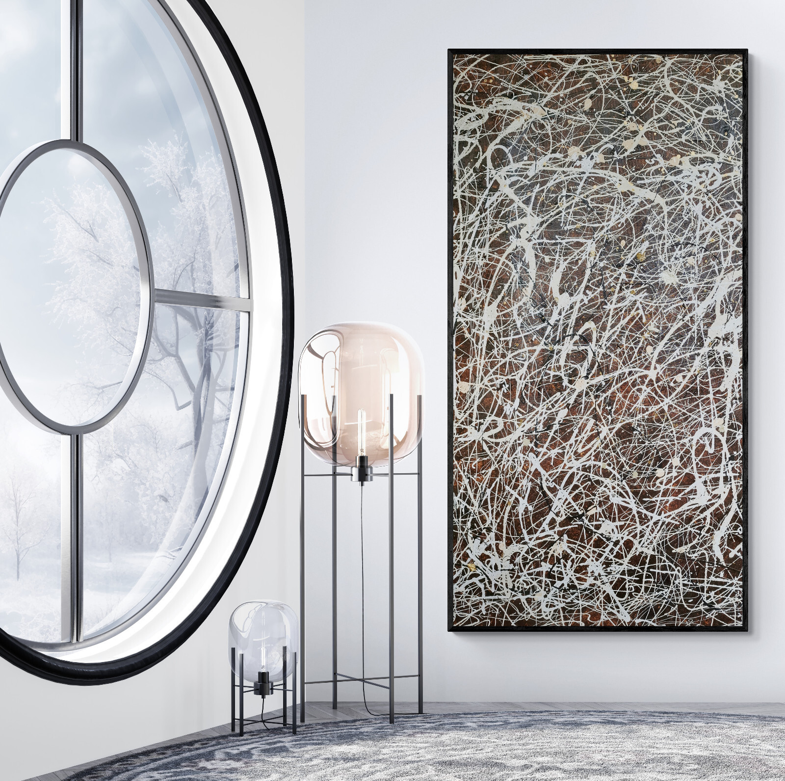 XXL Jackson Pollock Style Brown Abstract Art Textured Painting 59×30 in