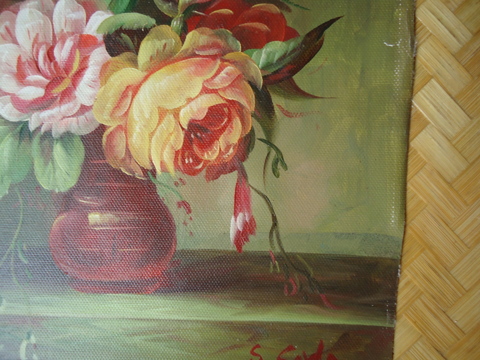 Still Life Painting on Canvas Flower Arrangement in Vase Floral Moody Burgundy