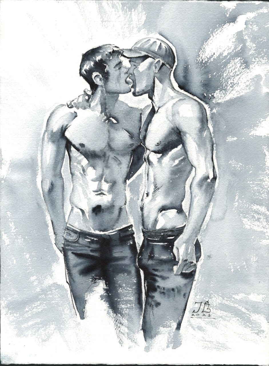 Art Gay Erotic Watercolor “Kisses” 15,75 * 11,8 in. I.Bubentcov