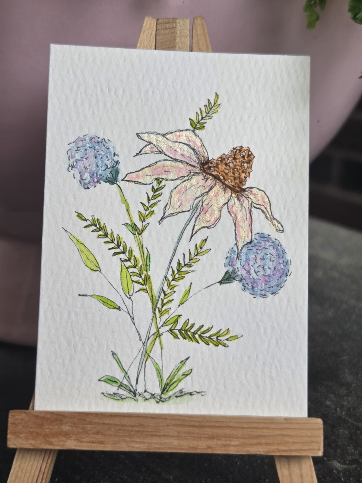 ACEO Original Floral Flowers Wildflowers Cottage Spring Bouquet 2.5×3.5