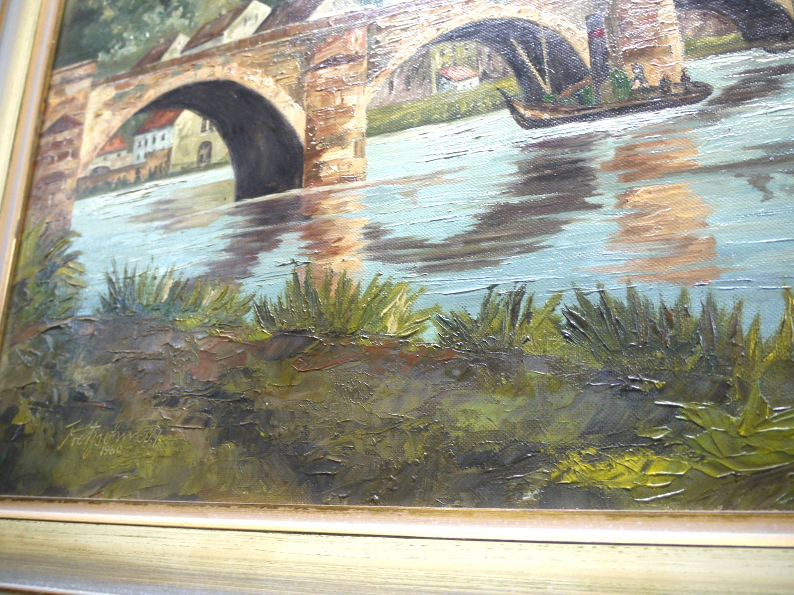 1960 German Landscape Heidelberg Bridge CASTLE Oil PAINTING Signed Kretschmar ?