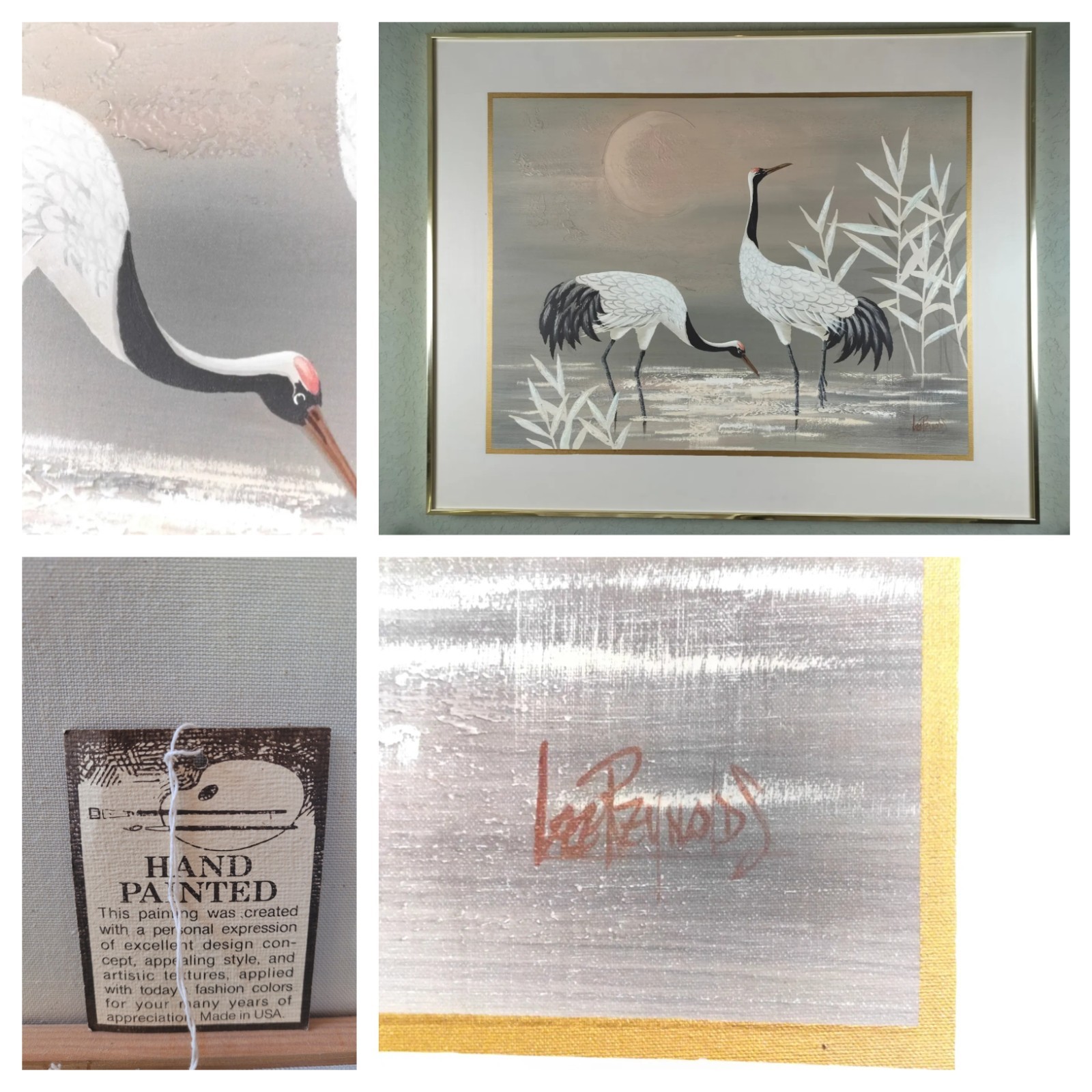 Large Lee Reynolds Burr Signed Painting Cranes In Water Vintage MCM Canvas Art