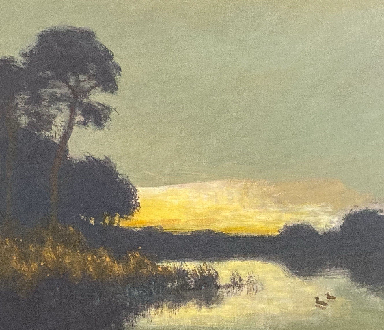 Ducks Bird Wildlife Oil Painting Landscape River Sunset Glow Signed Art Oil