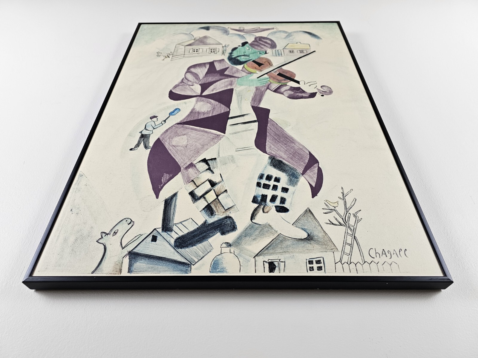 Antique Original Marc Chagall Lithograph Green Violinist 24×18 Framed Litho Art
