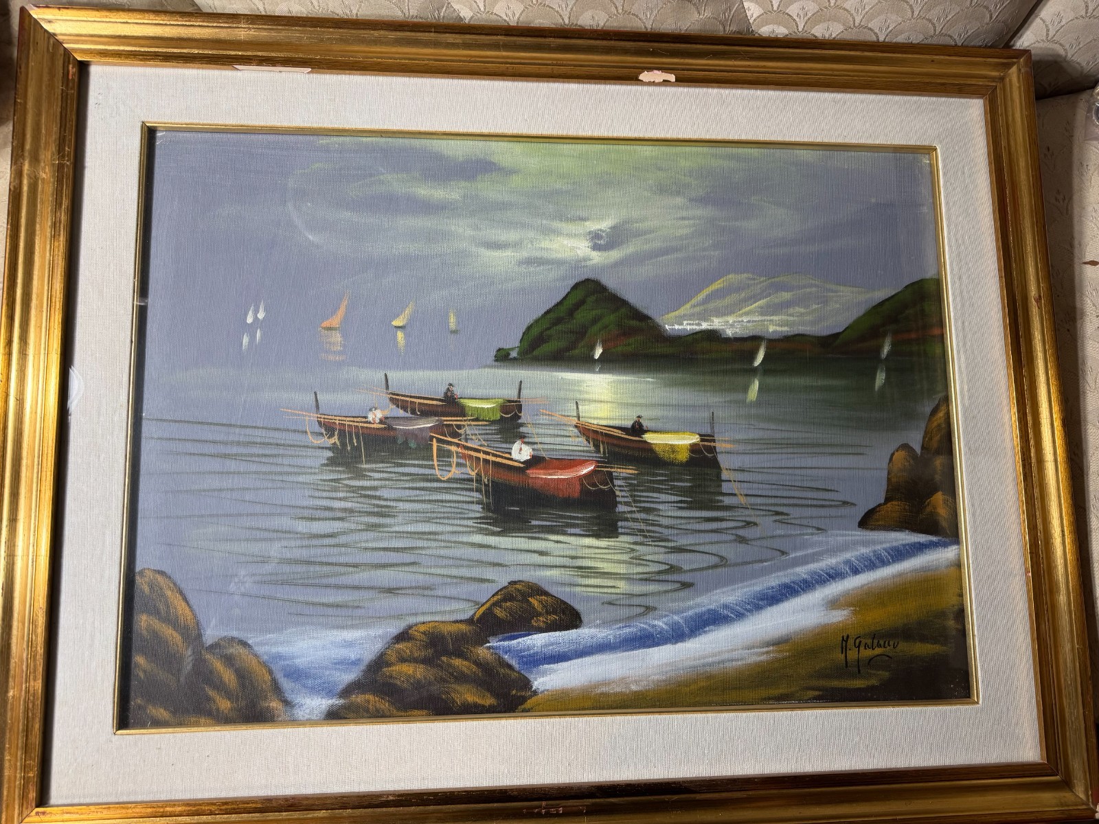 Large M Galaceo “Coastal Landscape With Moored Boats” Oil Painting-Signed/Framed