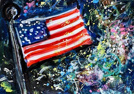 ACEO Original Painting FIREWORKS Summer Night American Flag July 4 USA ATC ART