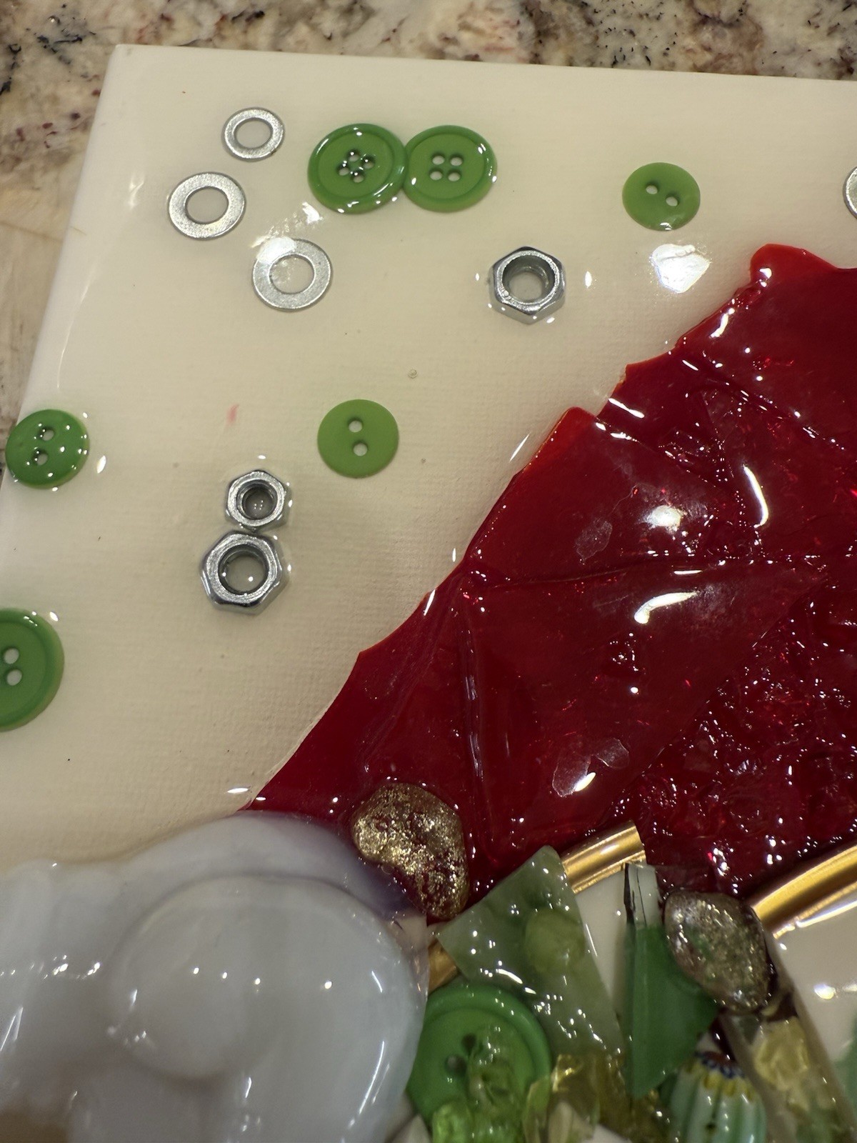 Artist Piece Santa Head with Hat on Canvas Using Crushed Glass and Baubles Xmas