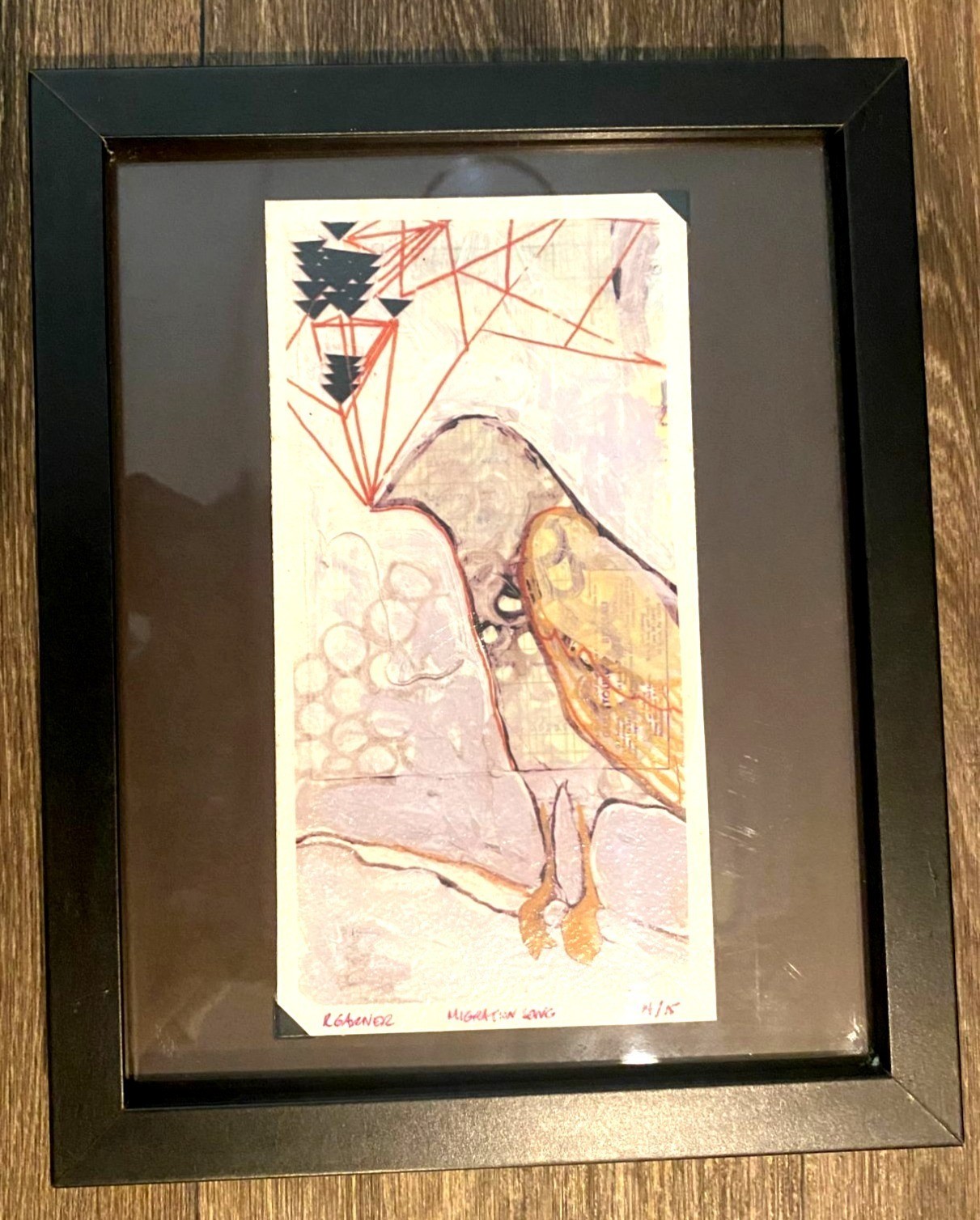 Abstract Art Bird “Migration Song” Signed R. Garner 14/15 11″x9″ W/ Black Frame